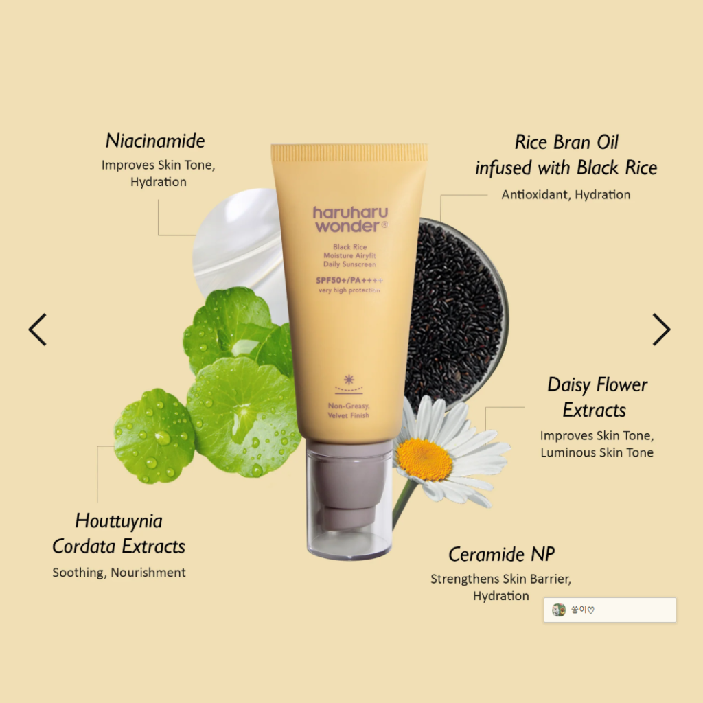 Haruharu Wonder Black Rice Moisture Airyfit Sunscreen with a lightweight, velvet finish.