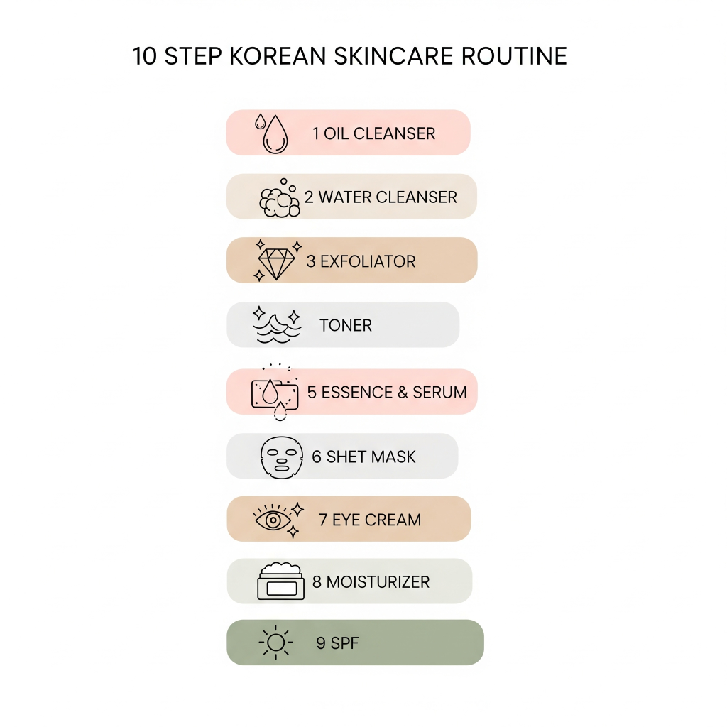 A 10-Step Korean Skincare Routine Infographic for beginners, created by Buzzko.