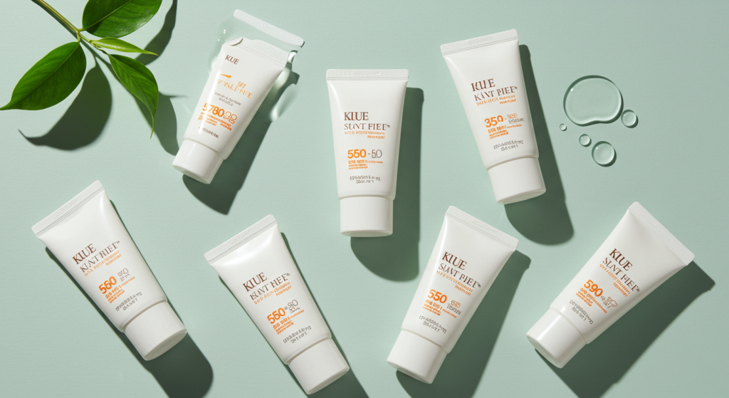A flat lay of 5 of the best Korean sunscreens for oily and acne-prone skin on a clean, minimalist background.