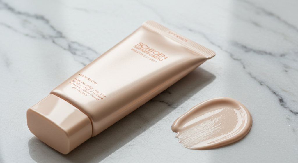 A close-up of the lightweight, watery texture of a Korean sunscreen, showing its suitability for oily skin.