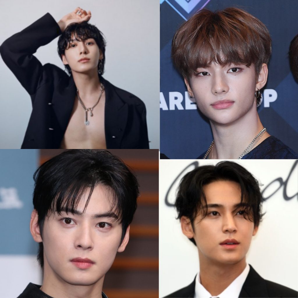 A collage representing male kpop idol skincare, featuring BTS's Jungkook and ASTRO's Cha Eunwoo.