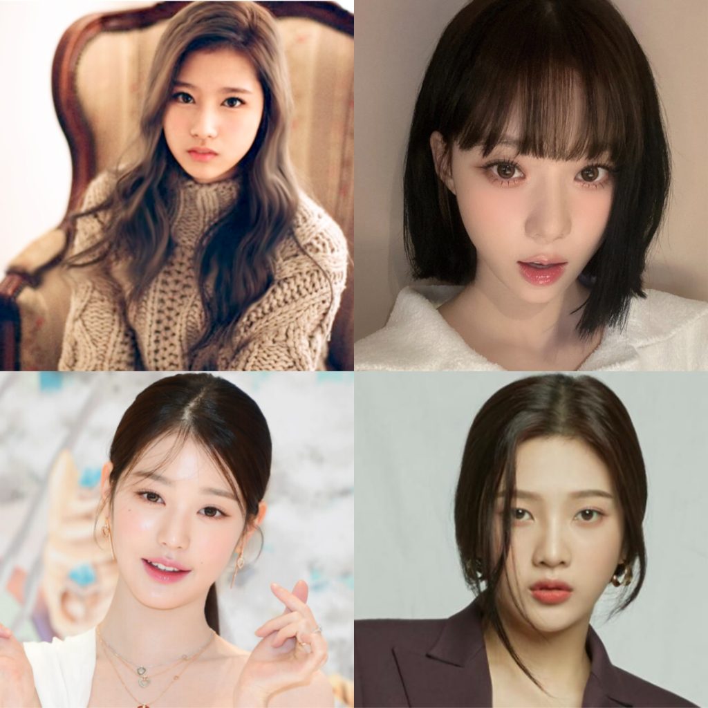 A collage of female K-Pop idols including TWICE's Sana and IVE's Wonyoung, representing their skincare secrets.