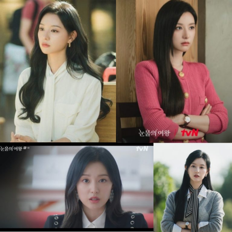 A full-body shot of Kim Ji-won as Hong Hae-in in 'Queen of Tears', showcasing her luxury fashion style.