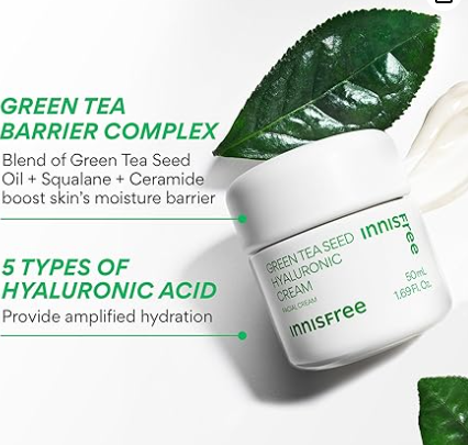 Innisfree Green Tea Hyaluronic Acid Cream providing deep hydration and antioxidant benefits.