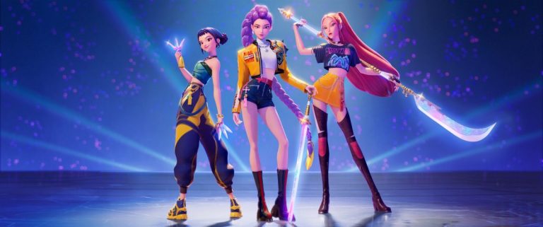 A charismatic collage of the girl group Huntrix from the Netflix hit K-Pop Demon Hunters.