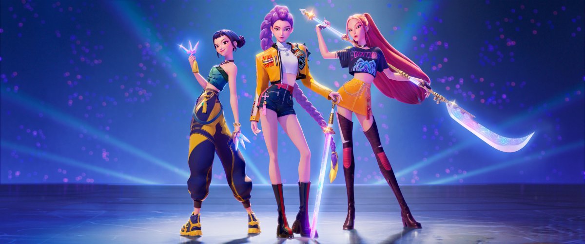 A charismatic collage of the girl group Huntrix from the Netflix hit K-Pop Demon Hunters.