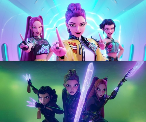 A charismatic collage of the K-Pop Demon Hunters girl group, Huntrix, showcasing their dark and chic style.