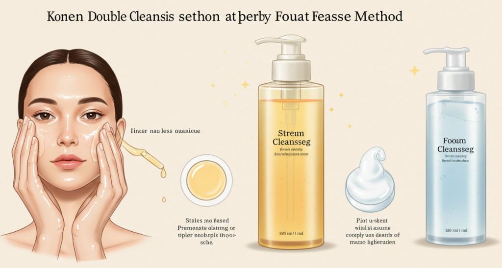 The Korean double cleansing method featuring an oil cleanser and a water-based foam cleanser.
