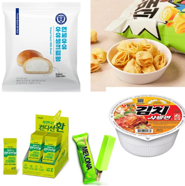 A collage of 6 must-try Korean convenience store snacks, including Yonsei Milk Cream Bread and Turtle Chips.