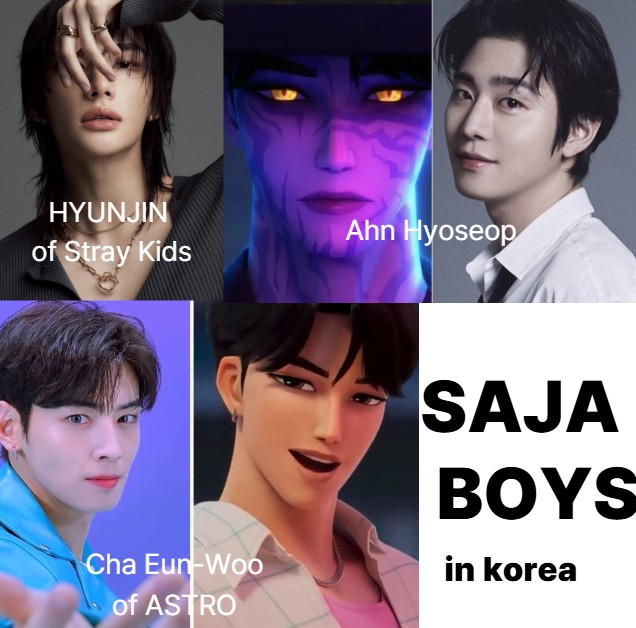 A charismatic collage of the Saja-Boyz from K-Pop Demon Hunters, inspired by stars like Cha Eunwoo and Stray Kids' Hyunjin.
