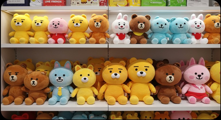 Cute Kakao Friends and Line Friends character plushies, a popular Korean souvenir.