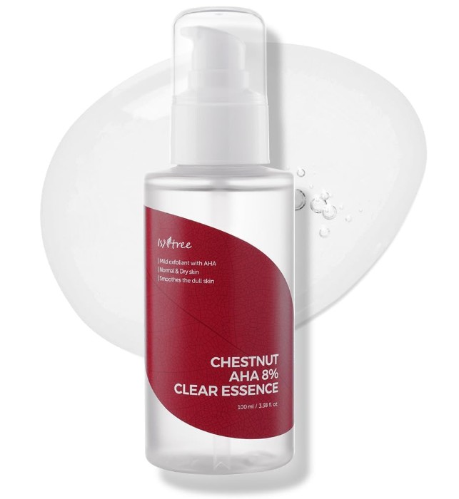 Isntree Chestnut AHA 8% Clear Essence, a gentle exfoliant for achieving glass skin.