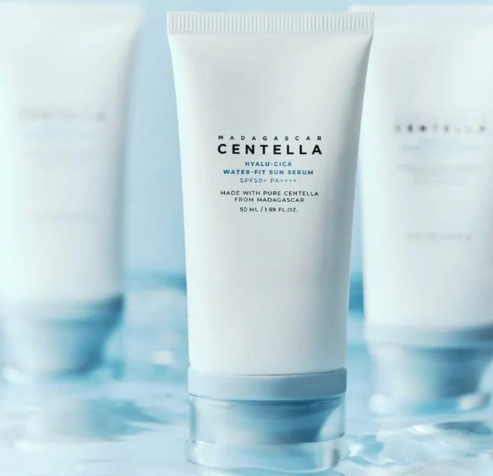 The SKIN1004 Hyalu-Cica Water-fit Sun Serum, a moisturizing sunscreen for a glass skin finish.