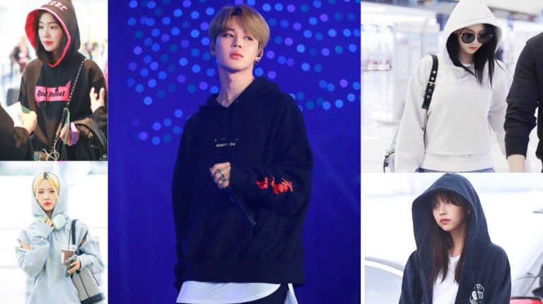 A collage of K-Pop idols showing different ways how to style an oversized hoodie.