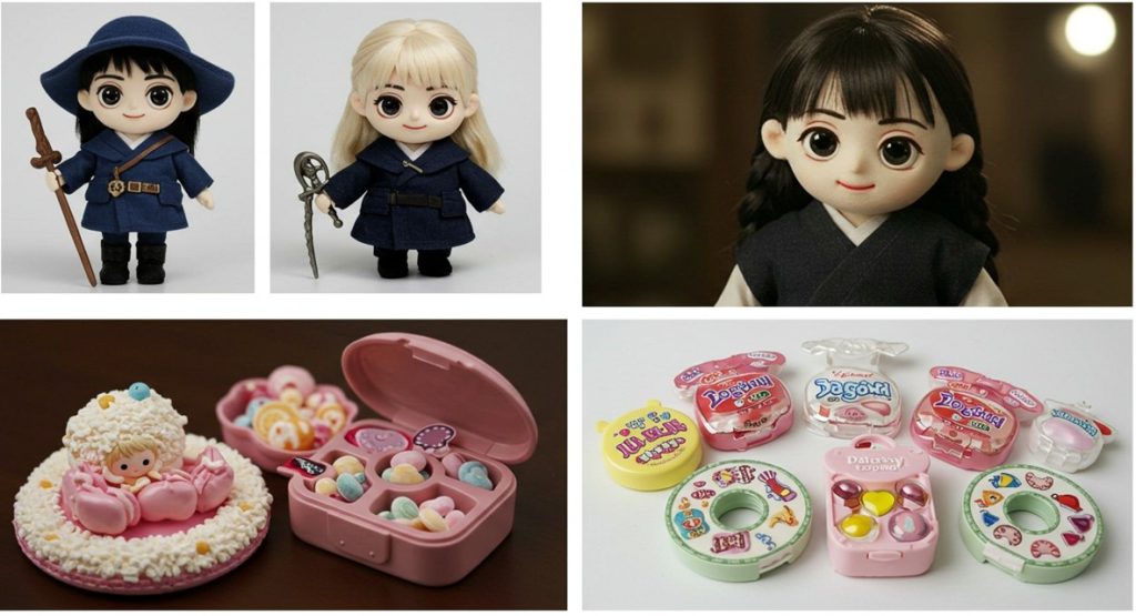 A collage of 4 iconic K-Drama props, including the Goblin doll and the Dalgona candy kit.