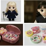 A collage of 4 iconic K-Drama props, including the Goblin doll and the Dalgona candy kit.