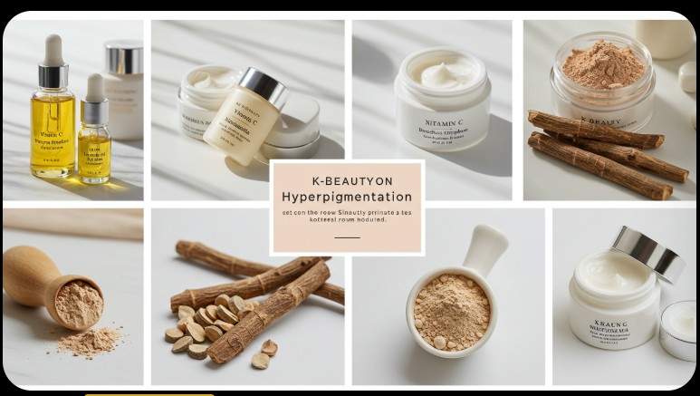 A collage of K-Beauty ingredients for the best **korean skincare for hyperpigmentation**.