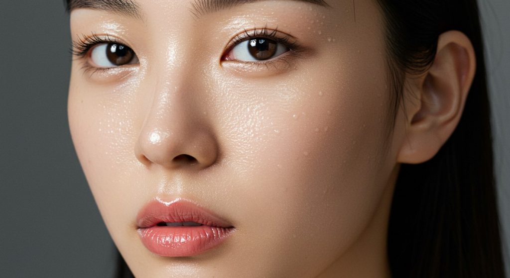 A close-up of a model's face showing the luminous, dewy look of K-Beauty glass skin.