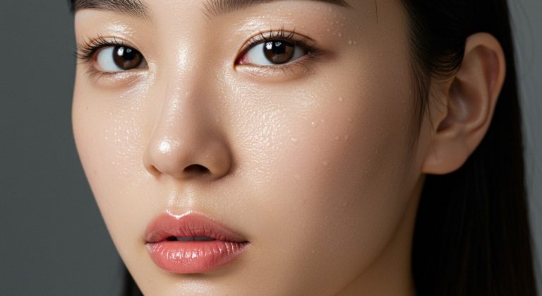A close-up of a model's face showing the luminous, dewy look of K-Beauty glass skin.