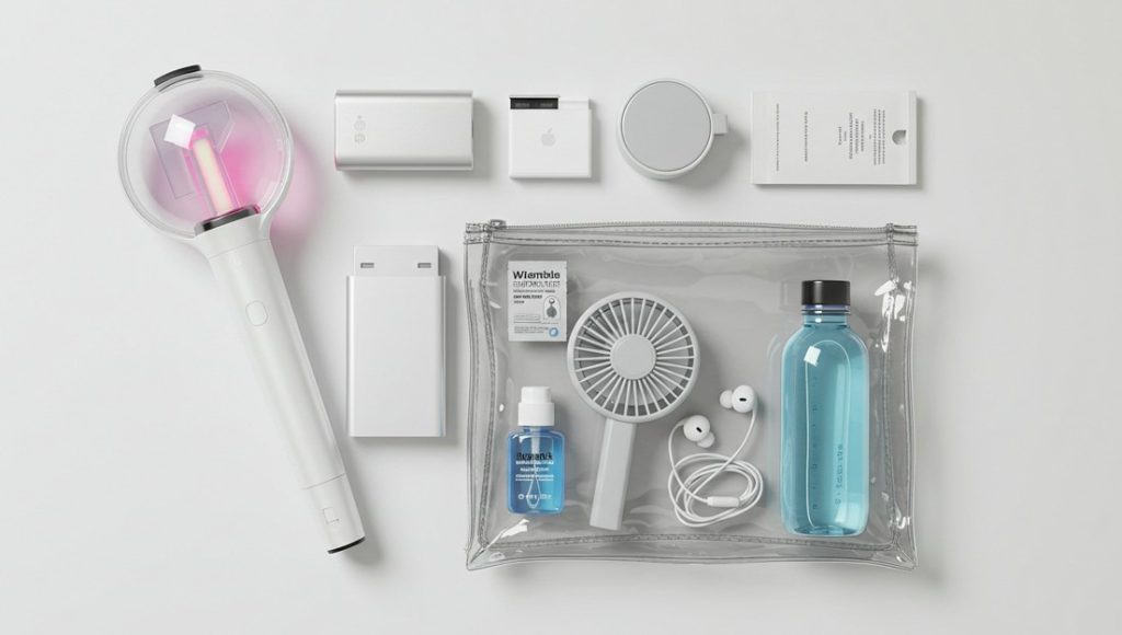 A flatlay of concert survival kit essentials, including a lightstick, portable charger, and clear bag.
