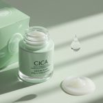 A soothing flatlay of **Korean skincare for acne**, featuring Cica and Tea Tree ingredients.