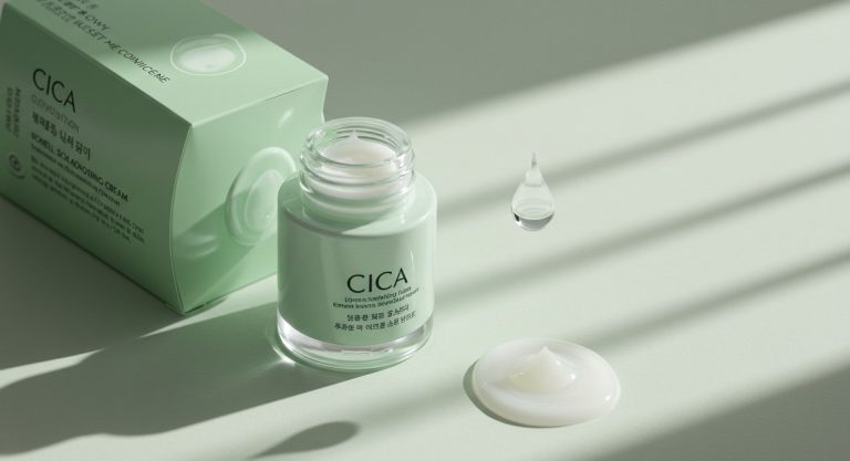 A soothing flatlay of **Korean skincare for acne**, featuring Cica and Tea Tree ingredients.