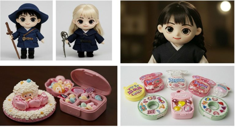 A collage of 4 iconic K-Drama props, including the Goblin doll and the Dalgona candy kit.