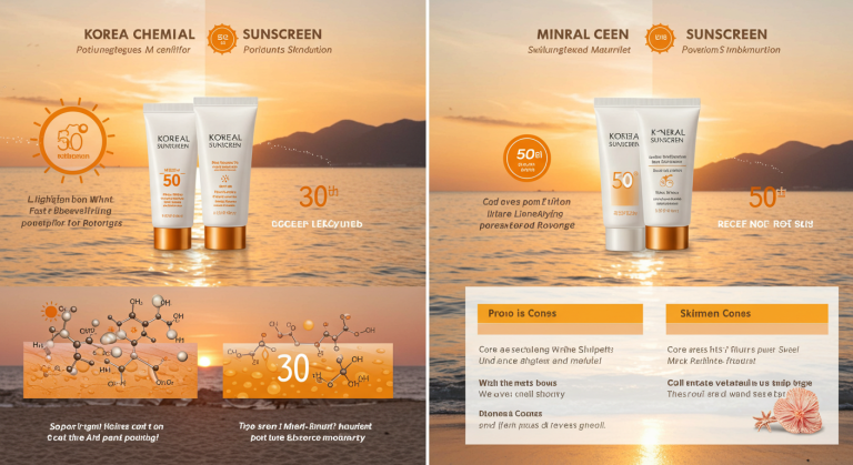 A collage comparing chemical vs mineral sunscreen, showing their different textures.