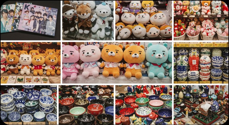 A vibrant collage of the best items from our **Korean souvenir guide**, including K-Pop albums and traditional crafts.