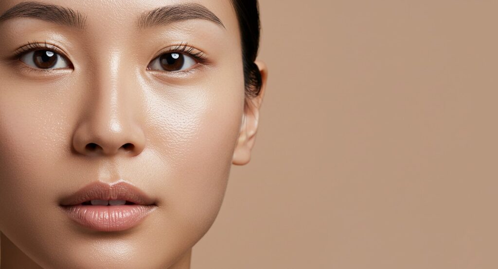 A close-up of a model's smooth, poreless-looking skin, demonstrating the goal of the K-Beauty guide on how to minimize pores.