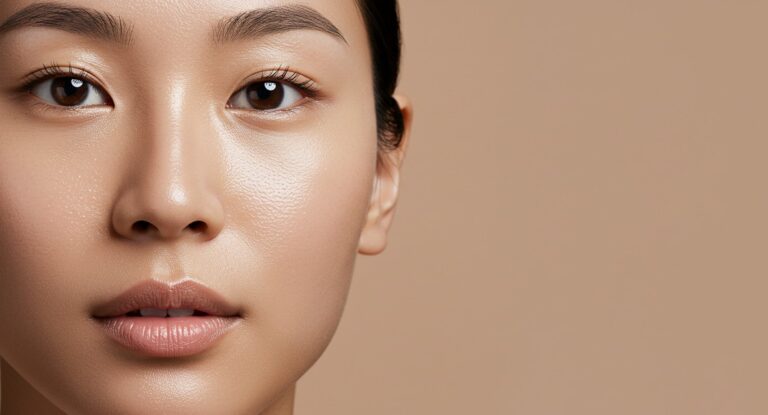 A close-up of a model's smooth, poreless-looking skin, demonstrating the goal of the K-Beauty guide on how to minimize pores.