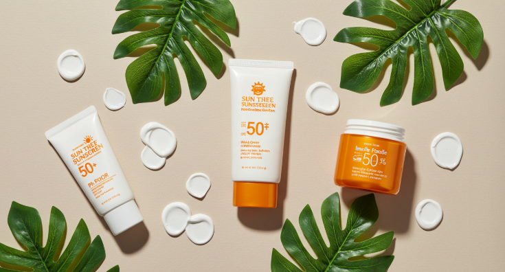 A collage of the top 3 cruelty-free Korean sunscreens for sensitive skin, arranged with green leaves.