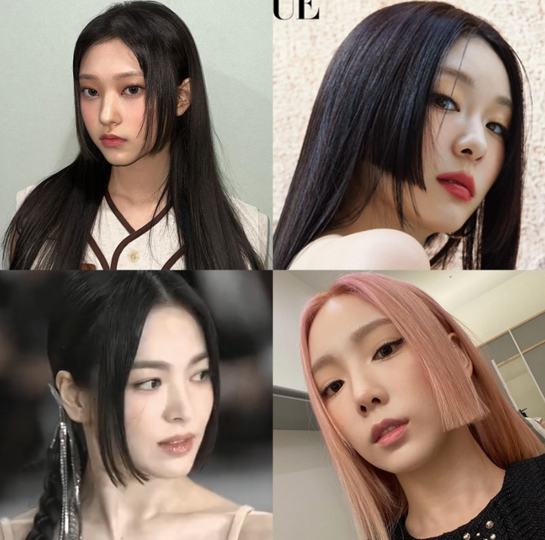 A collage of the hottest **k-pop hairstyles**, featuring the Hime cut, Milk Brown color, and Full Bangs.